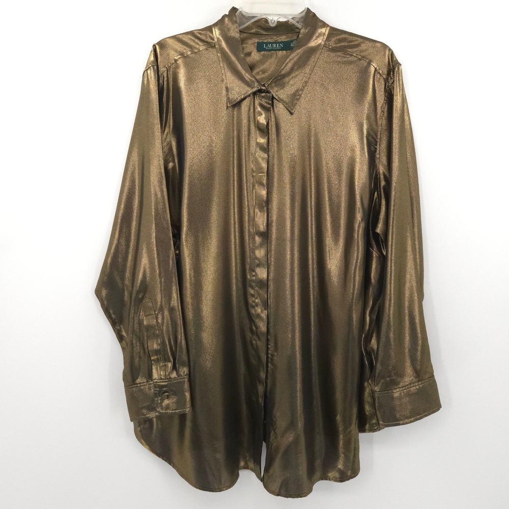 Lauren Ralph Lauren Metallic Shimmer Button Down Women 3X Bronze Glam Party